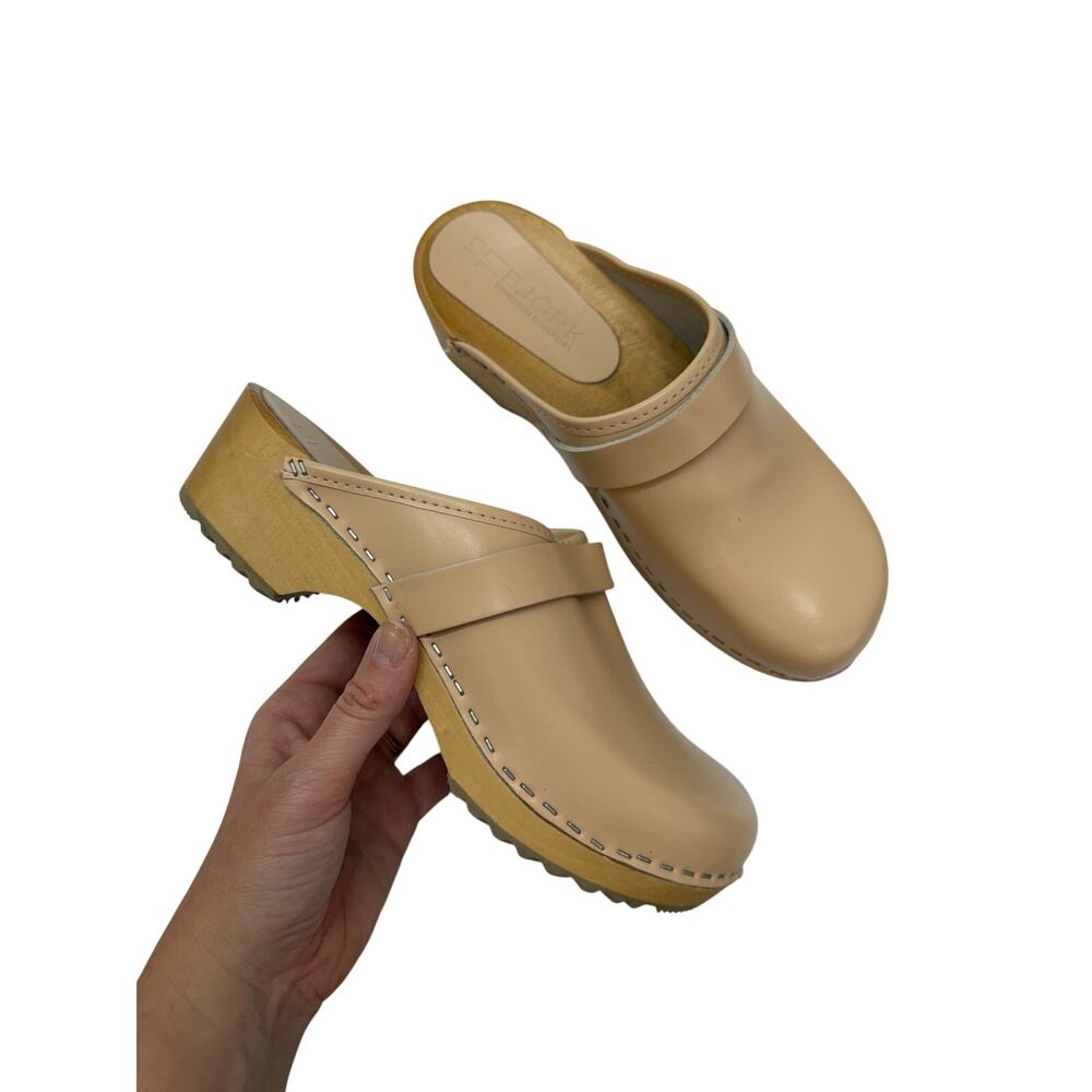 $120 Bjork Maja Wood Open Back Clogs in Almond Leather 40 / 9.5-10